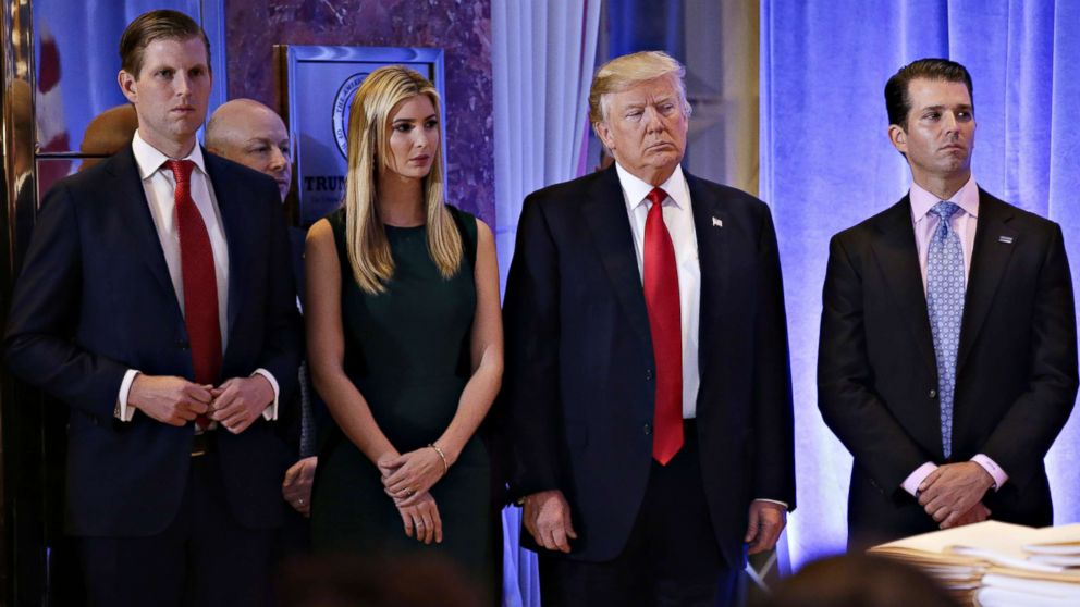 PHOTO: President-elect Donald Trump stands with, left to right, Eric Trump, Ivanka Trump and Donald Trump Jr. before he speaks at a press conference at Trump Tower on Jan. 11, 2017, in New York City. 