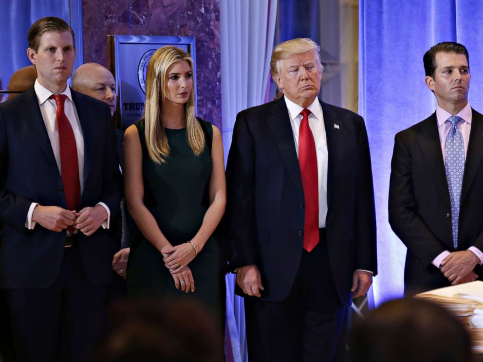 PHOTO: President-elect Donald Trump stands with, left to right, Eric Trump, Ivanka Trump and Donald Trump Jr. before he speaks at a press conference at Trump Tower on Jan. 11, 2017, in New York City.
