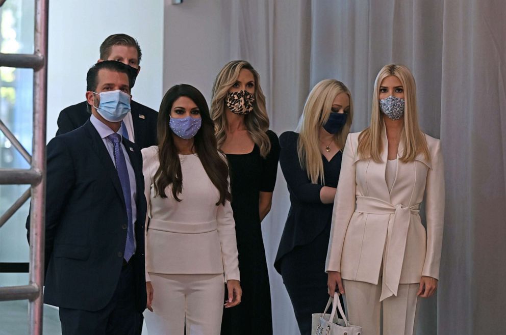 PHOTO: From left, Donald Trump Jr., Eric Trump, Kimberly Guilfoyle, Lara Trump, Tiffany Trump and Ivanka Trump arrive for the first presidential debate in Cleveland, Sept. 29, 2020.