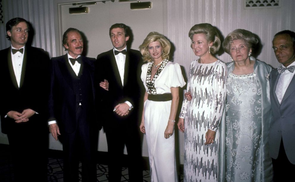 PHOTO: From left, Robert Trump, Fred Trump, Donald Trump, Ivana Trump, Elizabeth Trump, Mary Anne Trump and Roy Cohn attend an event on May 10, 1985 at the Waldorf Hotel in New York City.