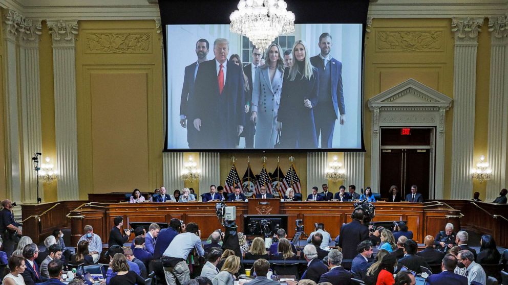 PHOTO: An image of former President Donald Trump and his family is displayed on a screen at the hearing where the House Select Committee investigates the Jan. 6 Attack on the US Capitol, in Washington, D.C., June 16, 2022.