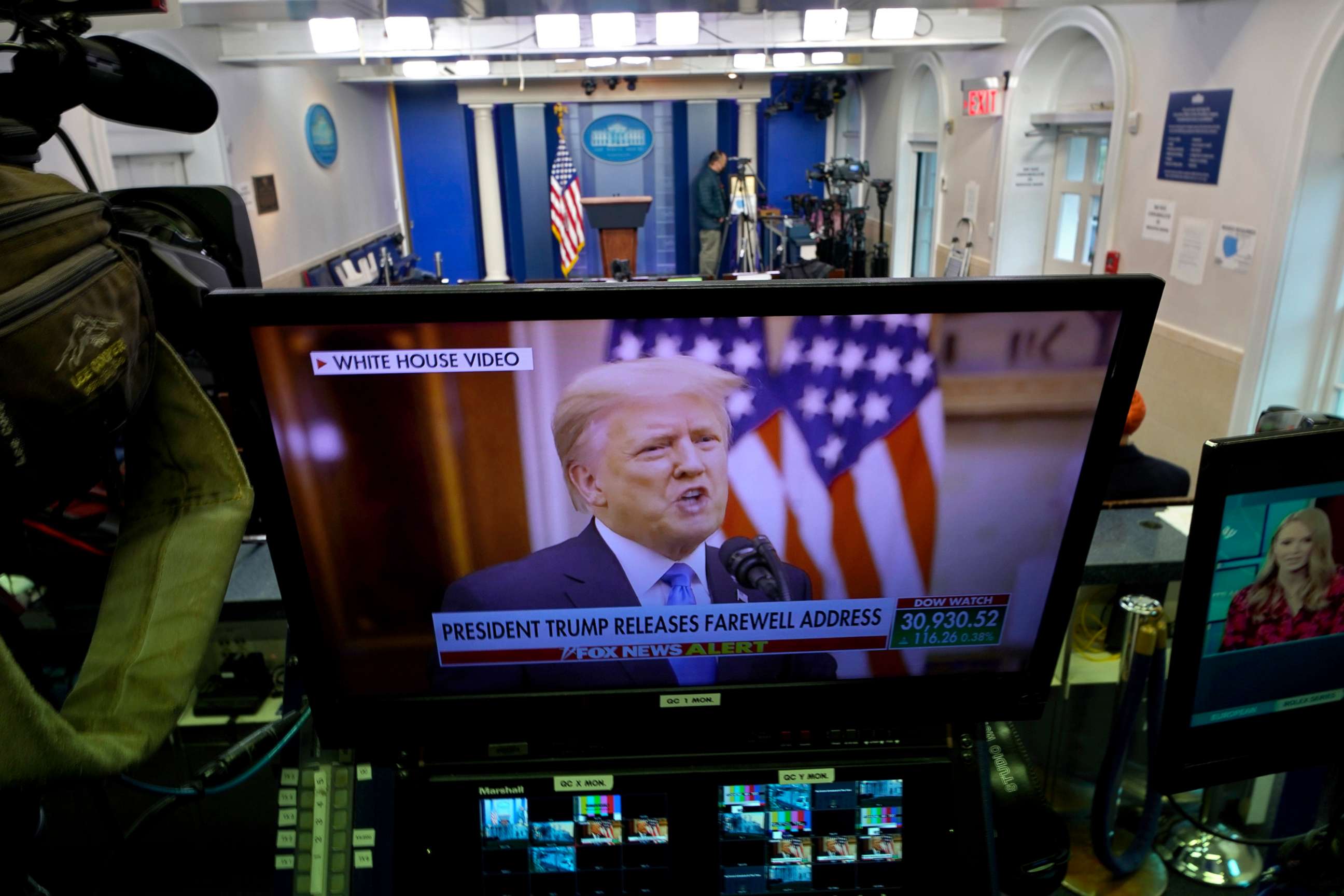 PHOTO: President Trump is seen on a network monitor after his pre-recorded farewell speech was released, inside the Brady Press Briefing Room at the White House, Jan. 19, 2021.