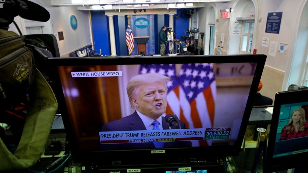 PHOTO: President Trump is seen on a network monitor after his pre-recorded farewell speech was released, inside the Brady Press Briefing Room at the White House, Jan. 19, 2021.