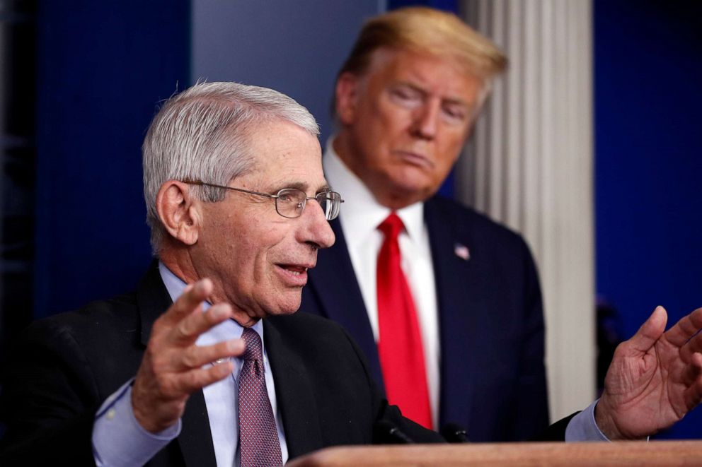 PHOTO: President Donald Trump watches as Dr. Anthony Fauci, director of the National Institute of Allergy and Infectious Diseases, speaks about the coronavirus in the James Brady Press Briefing Room of the White House in Washington, April, 22, 2020.