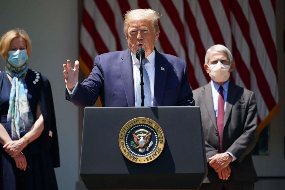 PHOTO: In this file photo taken May 15, 2020, President Donald Trump, with White House coronavirus task force members Dr. Deborah Birx and Dr. Anthony Fauci, speaks on vaccine development at the White House.