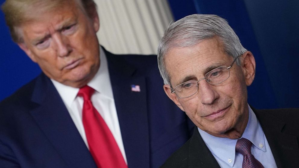 PHOTO: Director of the National Institute of Allergy and Infectious Diseases Anthony Fauci, flanked by President Donald Trump, speaks during the daily briefing on the novel coronavirus, COVID-19, the White House on April 22, 2020, in Washington. 