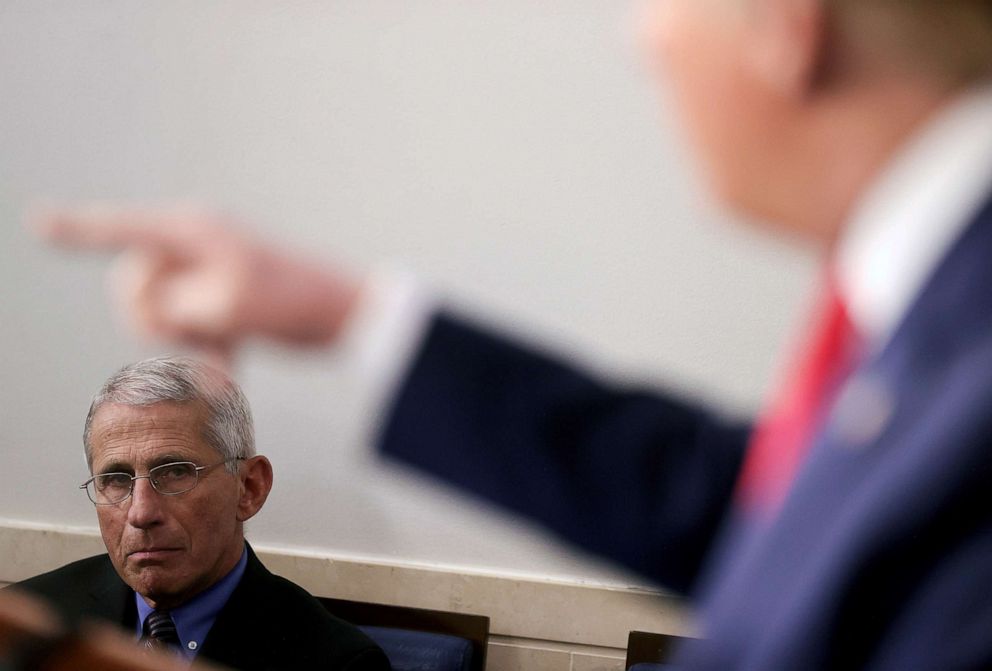 PHOTO: Dr. Anthony Fauci, director of the National Institute of Allergy and Infectious Diseases, listens as President Donald Trump addresses the daily coronavirus task force briefing at the White House in Washington, April 9, 2020.