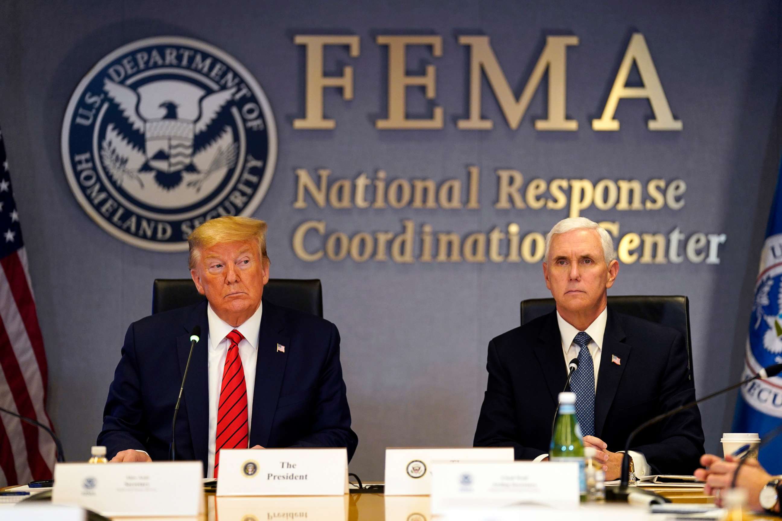 PHOTO: President Donald Trump and Vice President Mike Pence attend a teleconference with governors at the Federal Emergency Management Agency (FEMA) headquarters, on March 19, 2020, in Washington.
