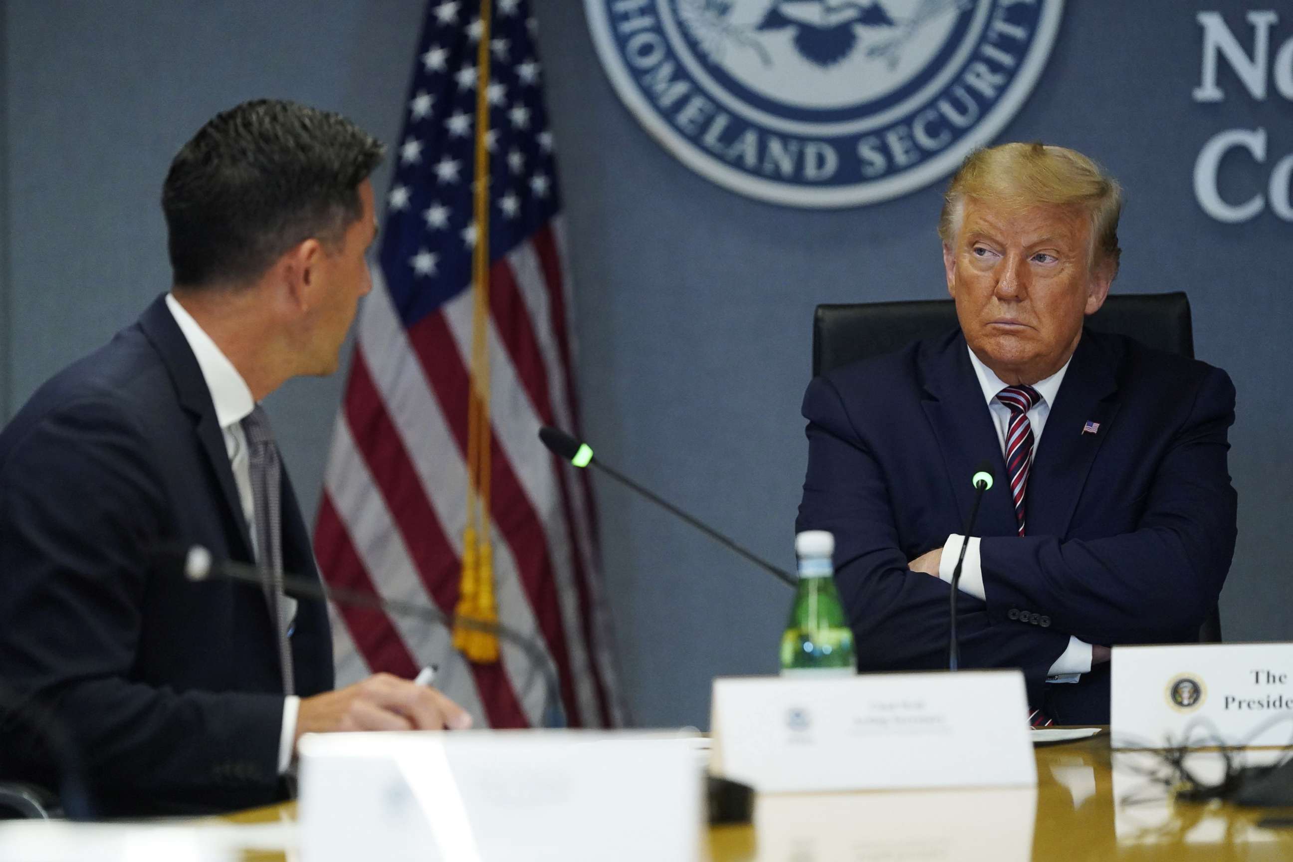 PHOTO: President Donald J. Trump attends a briefing on Hurricane Laura in the Federal Emergency Management Agency (FEMA) headquarters, in Washington, UG. 27, 2020.