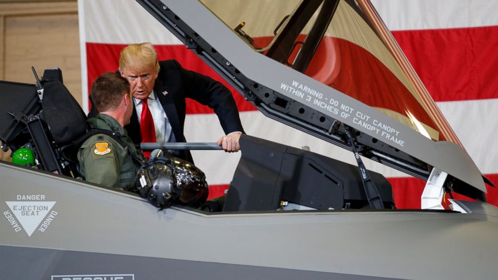 PHOTO: President Donald Trump talks to a pilot in the cockpit of an F-35 aircraft during a Defense Capability Tour at Luke Air Force Base, Ariz., Friday, Oct. 19, 2018.