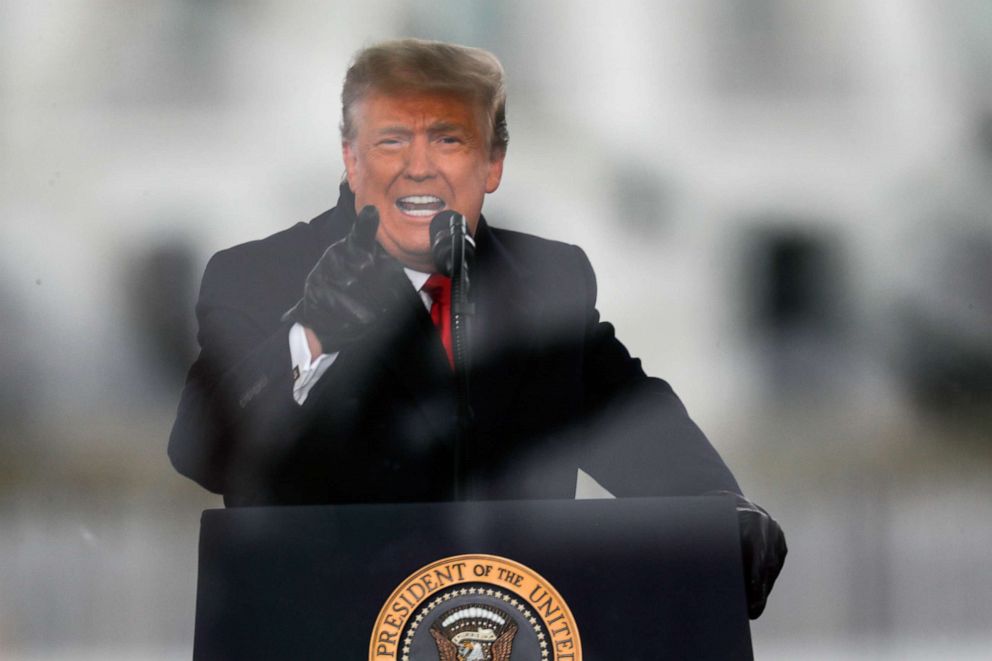 PHOTO: In this Jan 6, 2021 file photo President Donald Trump gestures as he speaks during a rally to contest the certification of the 2020 U.S. presidential election results by the U.S. Congress, in Washington D.C.