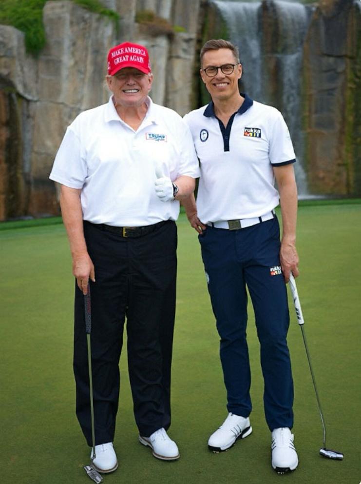 PHOTO: In this photo posted to his TruthSocial account, President Donald Trump poses with President Alexander Stubb, of Finland, on the golf course, March 29, 2025.