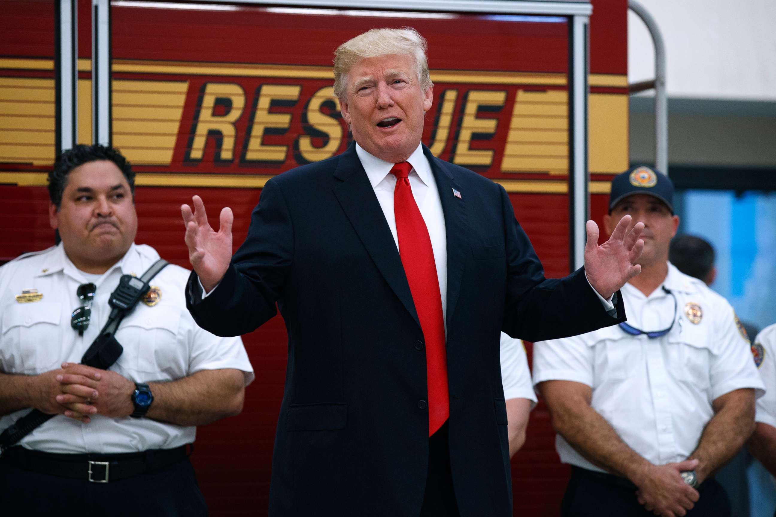 PHOTO: President Donald Trump speaks to first responders at West Palm Beach Fire Rescue, Dec. 27, 2017, in West Palm Beach, Fla. 
