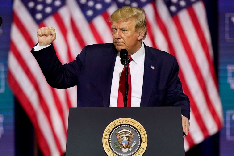 PHOTO: President Donald Trump speaks during a campaign rally, Friday, Sept. 25, 2020, in Atlanta.