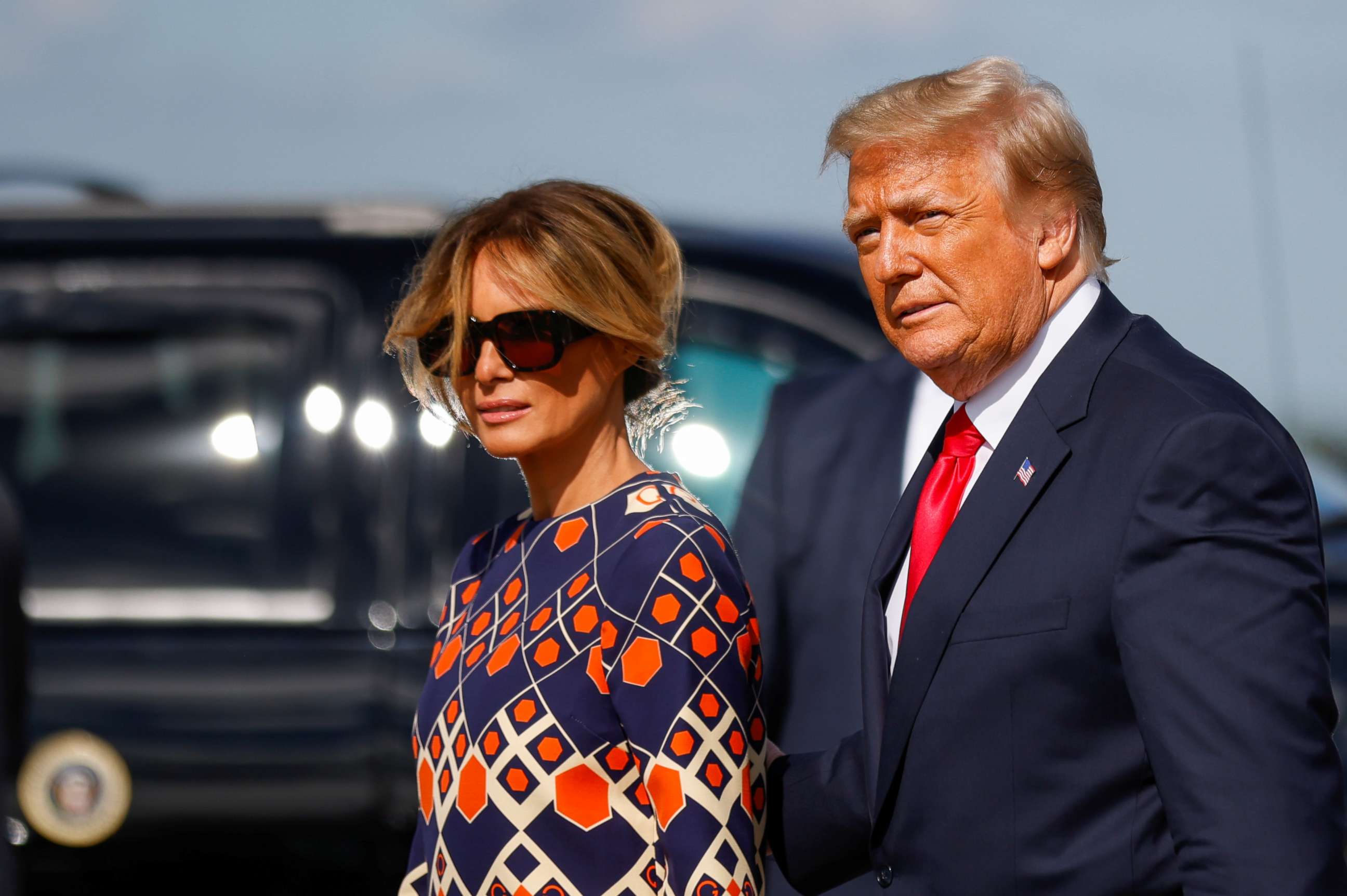 PHOTO: First lady Melania Trump and President Donald Trump arrive at Palm Beach International Airport in West Palm Beach, Fla., Jan. 20, 2021.