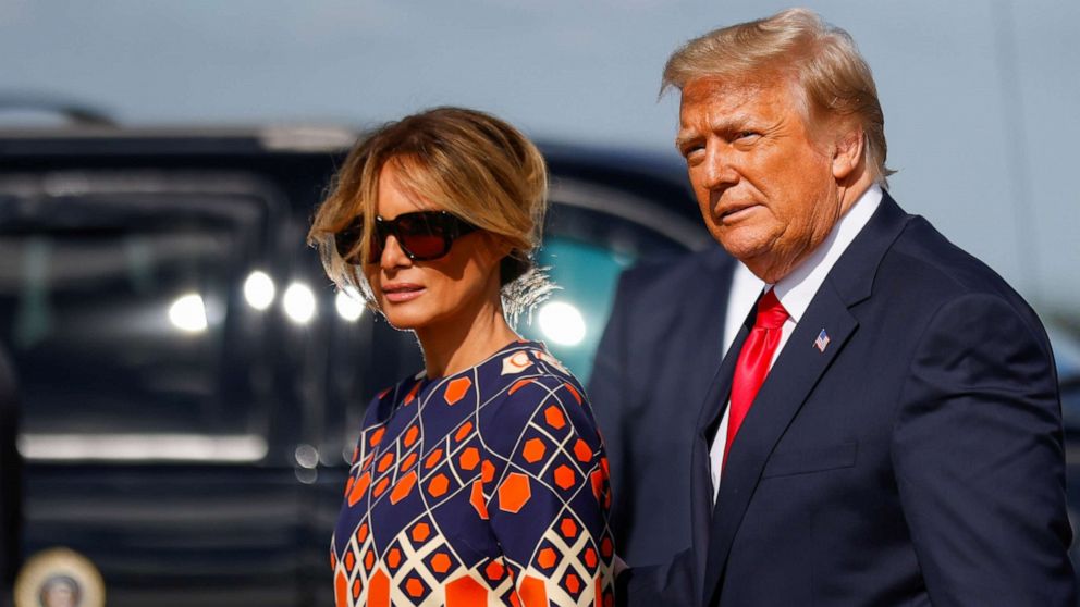 PHOTO: First lady Melania Trump and President Donald Trump arrive at Palm Beach International Airport in West Palm Beach, Fla., Jan. 20, 2021.