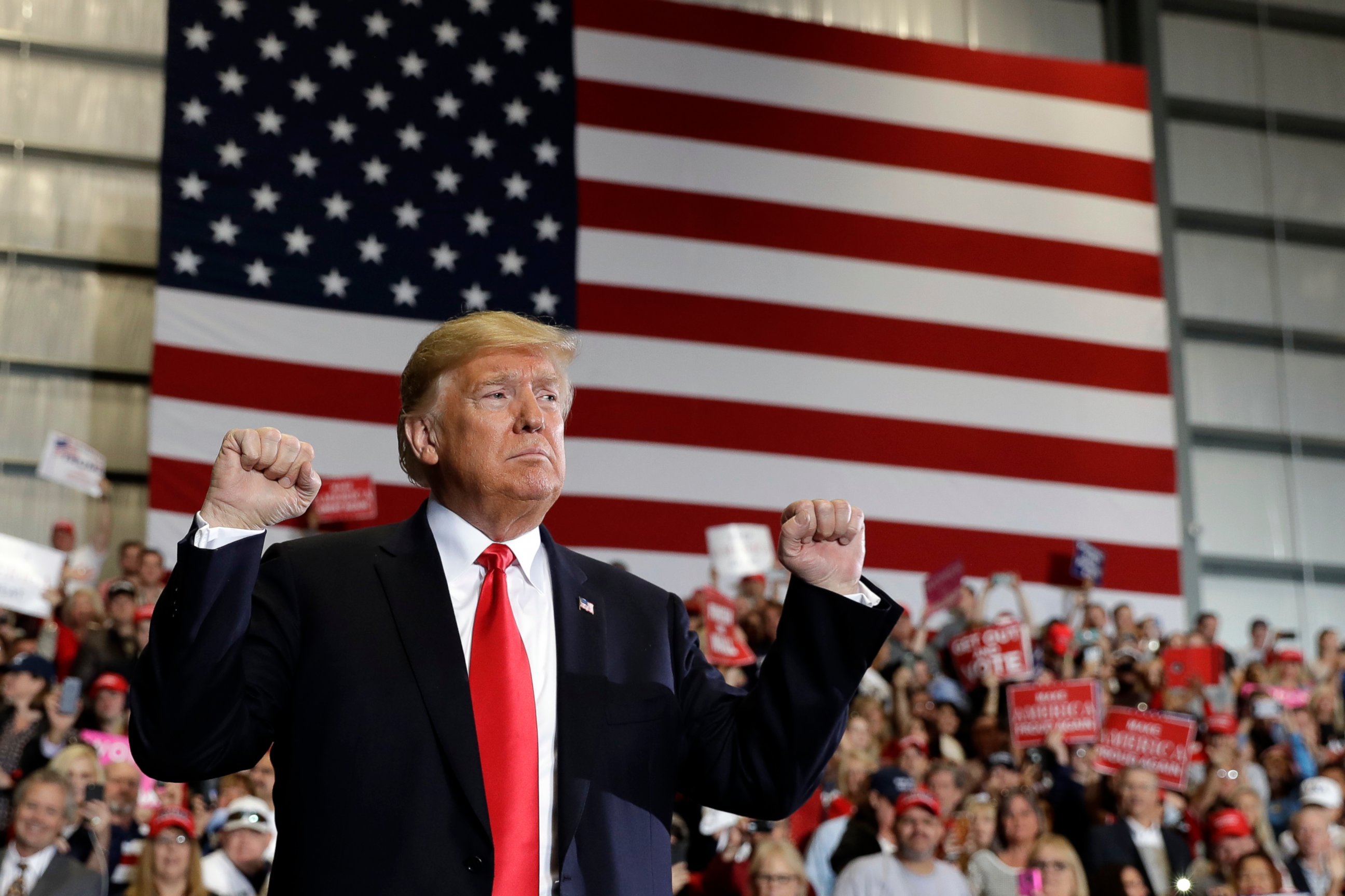 PHOTO: President Donald Trump looks to the crowd after speaking at a campaign rally at Pensacola International Airport, Saturday, Nov. 3, 2018, in Pensacola, Fla. 