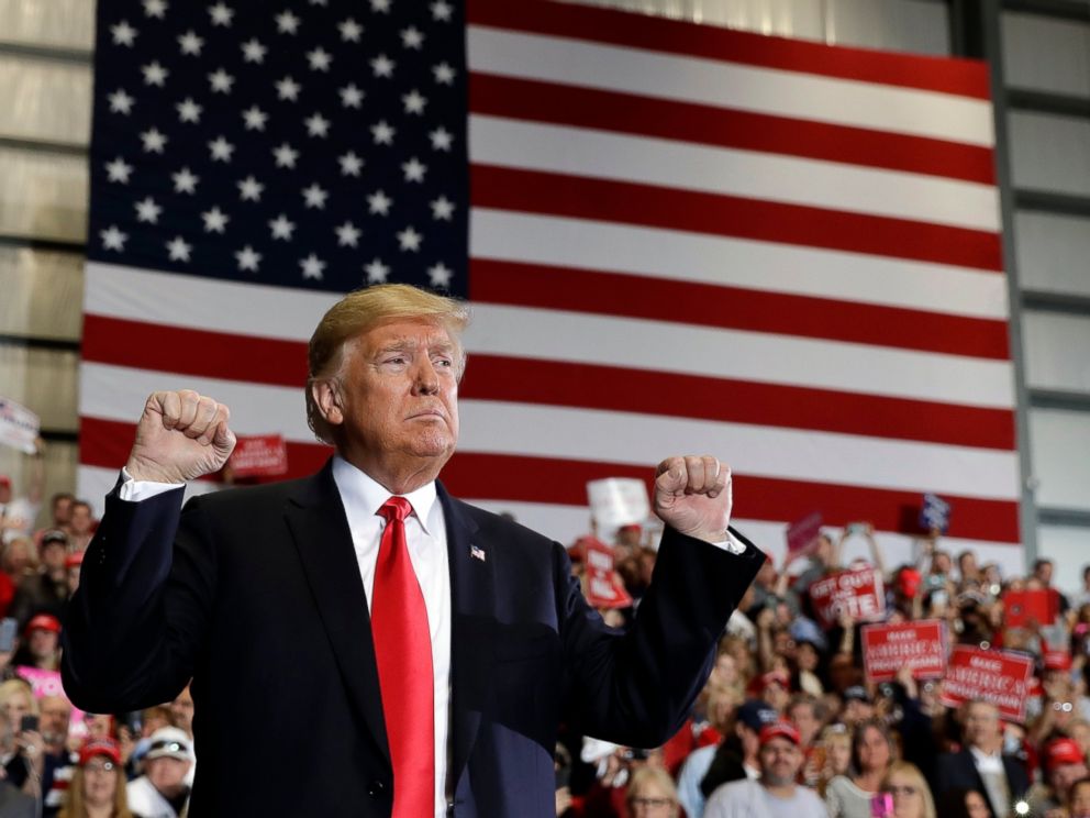 PHOTO: President Donald Trump looks at the crowd after speaking at a campaign rally at the Pensacola International Airport on Saturday, Nov. 3, 2018, in Pensacola, Florida. 