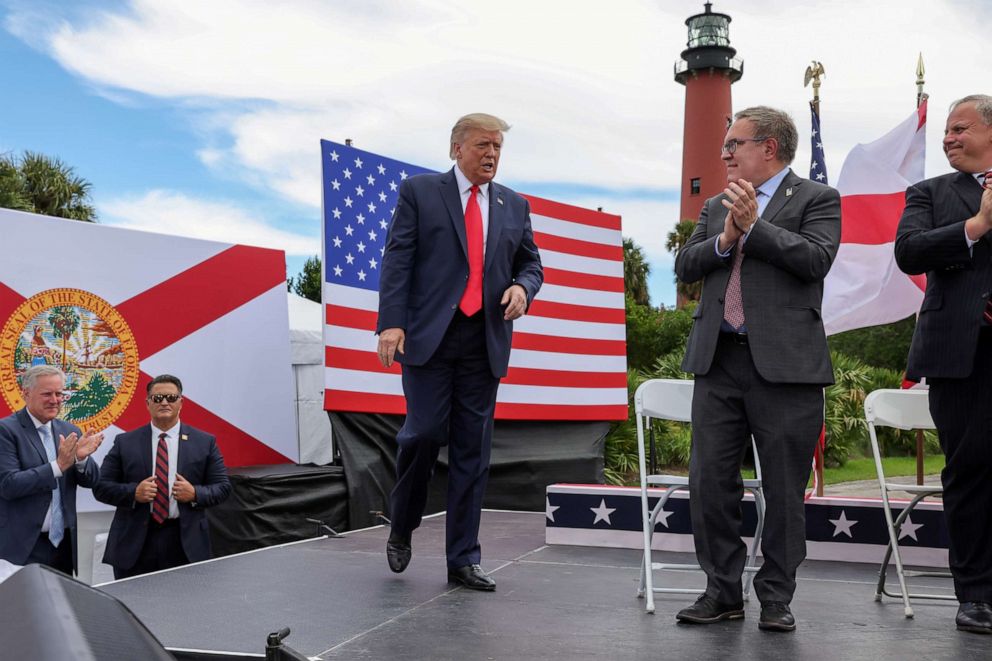PHOTO: President Donald Trump arrives onstage during a campaign stop at Jupiter Inlet Lighthouse and Museum in Jupiter, Fla., Sept. 8, 2020.