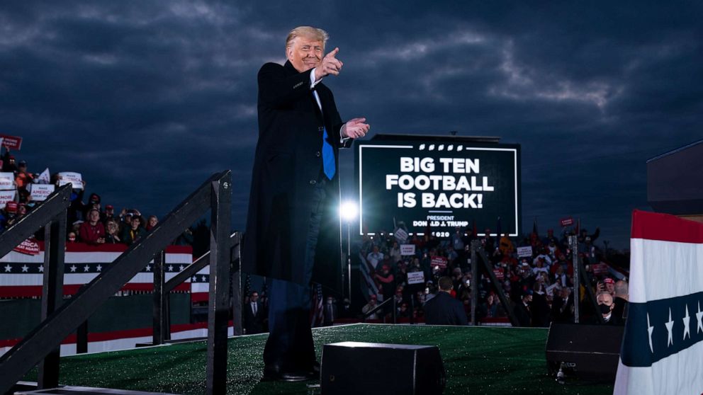 PHOTO: President Donald Trump points to the crowd after speaking during a campaign rally at Pickaway Agricultural and Event Center, Saturday, Oct. 24, 2020, in Circleville, Ohio.