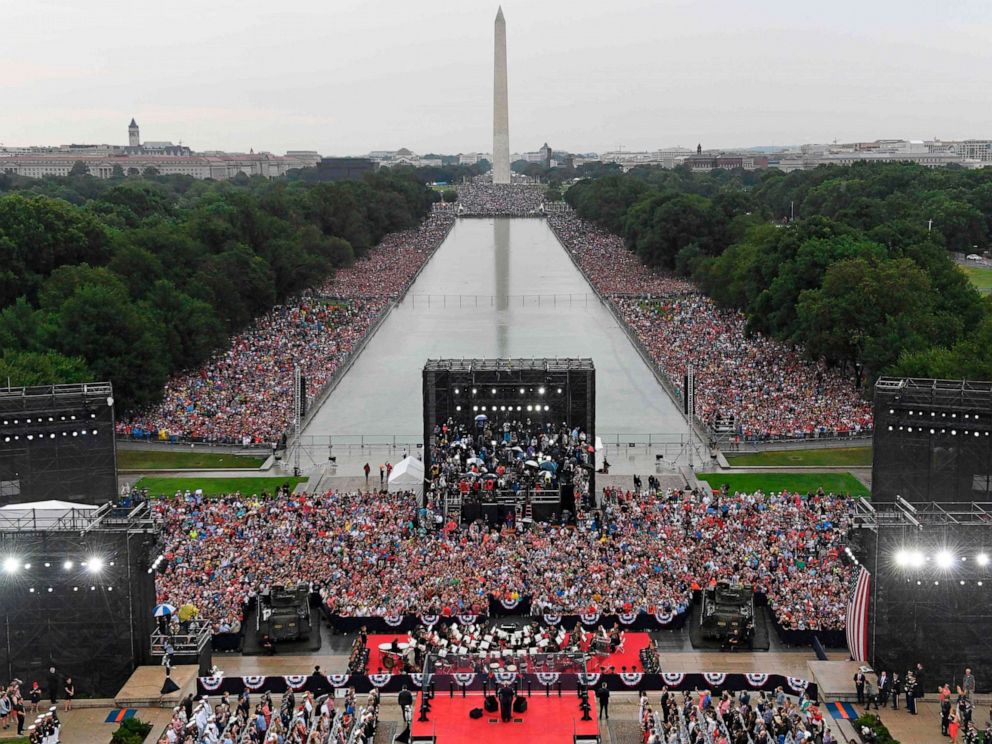 PHOTO: President Donald Trump speaks during the Salute to America Fourth of July event at the Lincoln Memorial in Washington, July 4, 2019.