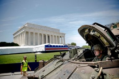 PHOTO: One of two Bradley Fighting Vehicles waits to be driven into place in front of the Lincoln Memorial for President Donald Trumps Salute to America event honoring service branches on Independence Day, July 3, 2019, in Washington.