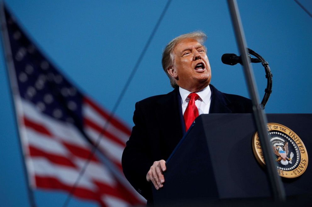PHOTO: U.S. President Donald Trump speaks during a campaign event in Fayetteville, North Carolina, U.S., September 19, 2020. 