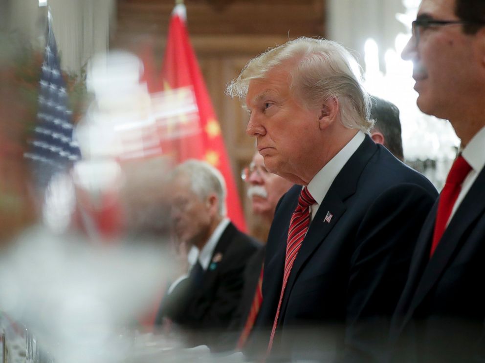 PHOTO: President Donald Trump, center, and Treasury Secretary Steve Mnuchin, second from the right, listen to remarks by Chinas President Xi Jinping during a bilateral meeting at the G20 Summit, Saturday, Dec. 1, 2018 in Buenos Aires, Argentina.