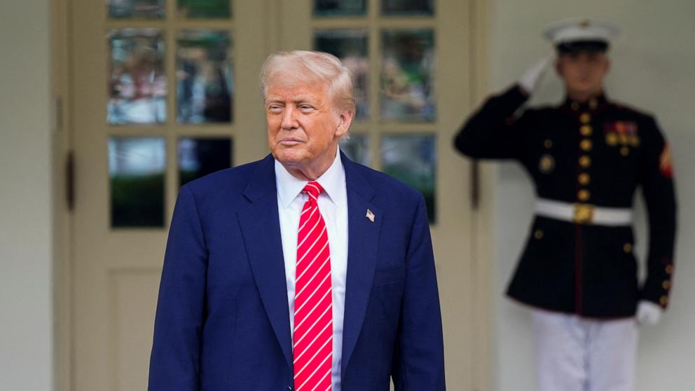 PHOTO: President Donald Trump looks on as he gives remarks outside the West Wing at the White House in Washington, D.C., May 8, 2025.