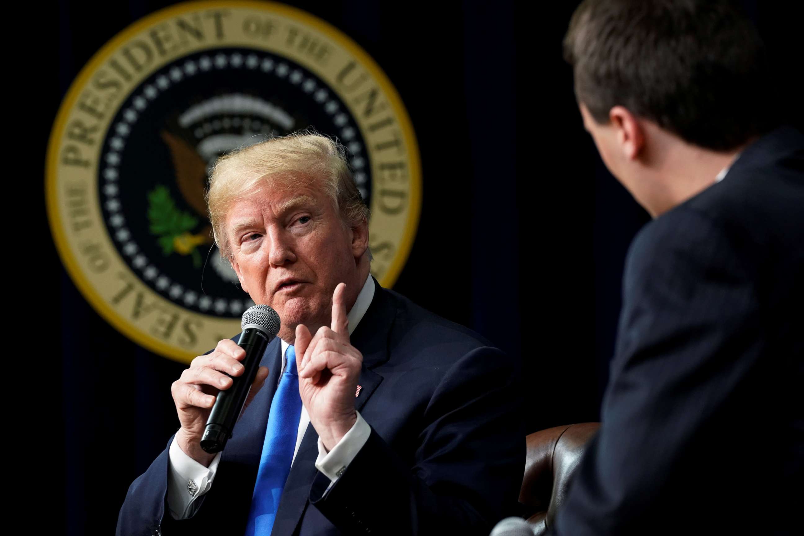 PHOTO: President Donald Trump participates in an onstage interview with moderator Charlie Kirk, founder of Turning Point USA, during a youth forum titled Generation Next, at the White House in Washington, March 22, 2018.