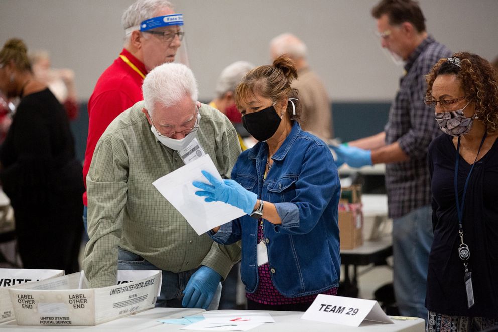 PHOTO: Cobb County election staff start the recount of the presidential ballots Friday at the Jim Miller Park Event Center in Marietta, Ga., November 13, 2020.