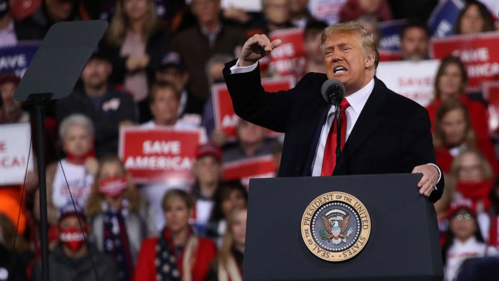 PHOTO: President Donald Trump attends a rally in support of Sens. David Perdue and Kelly Loeffler on Dec. 5, 2020 in Valdosta, Ga. 