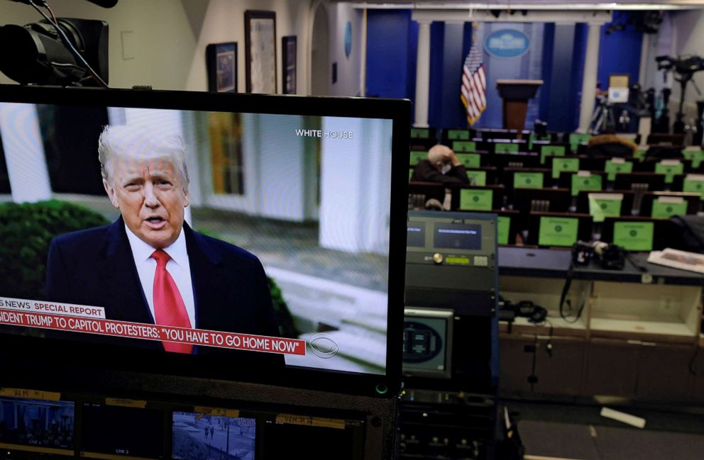 PHOTO: President Donald Trump is seen making remarks on a television monitor from the White House Briefing Room, Jan. 6, 2020, after his supporters interrupted the certification by the U.S. Congress of the results of the 2020 U.S. presidential election.