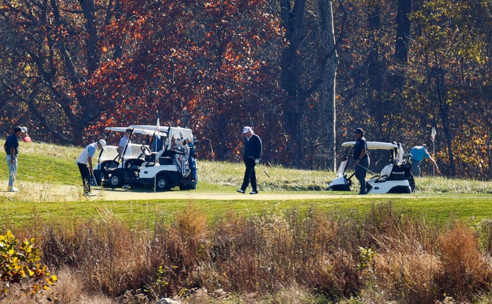 PHOTO: President Donald Trump plays golf at the Trump National golf course on the day after news media declared Democratic presidential nominee Joe Biden the projected winner of the 2020 presidential election, in Sterling, Va., Nov. 8, 2020.