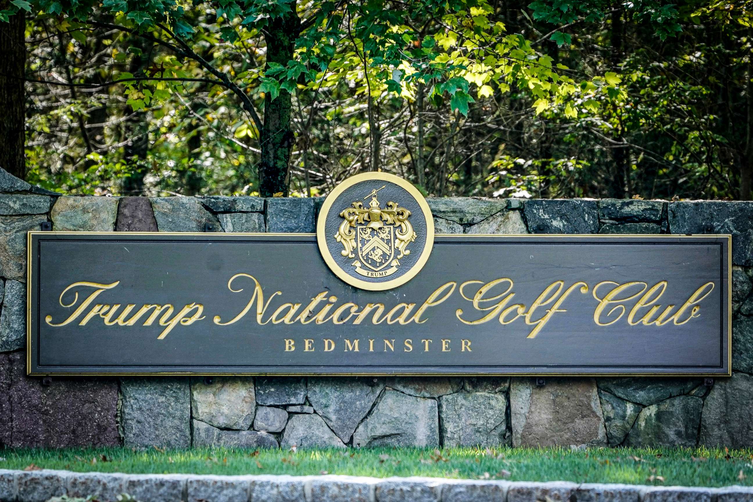 PHOTO: Signage for Trump National Golf Club is shown on approach to the entrance in Bedminster, N.J., on Oct. 2, 2020.