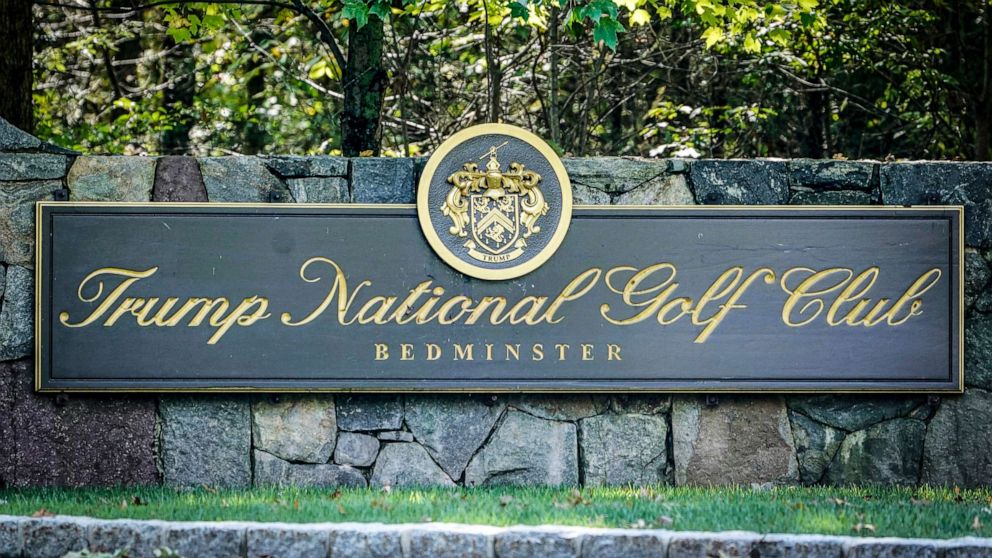 PHOTO: Signage for Trump National Golf Club is shown on approach to the entrance in Bedminster, N.J., on Oct. 2, 2020.