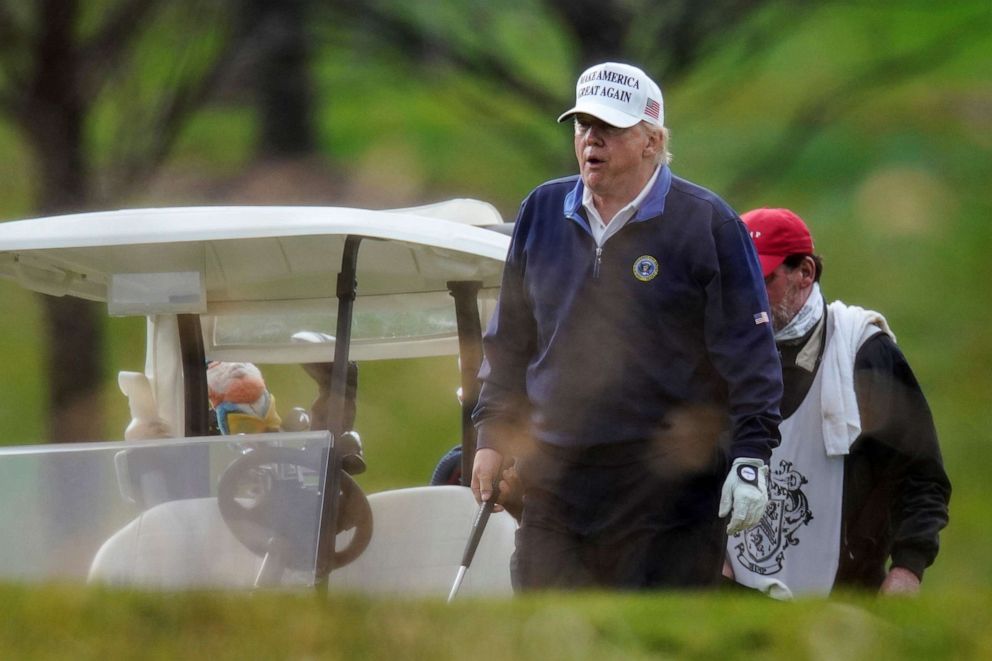 PHOTO: President Donald Trump plays golf at the Trump National Golf Club in Sterling, Virginia, Nov. 15, 2020.