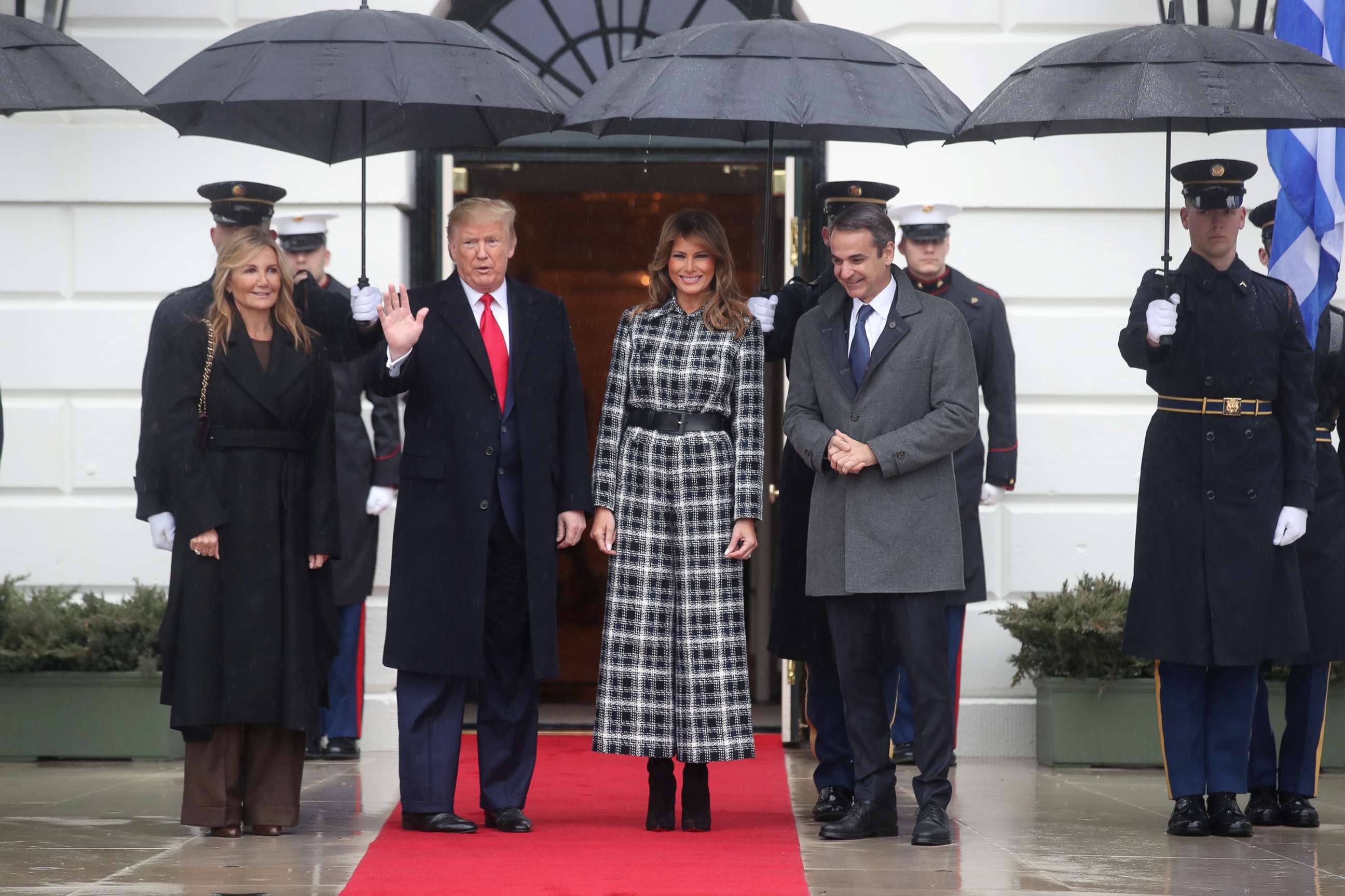 PHOTO: President Donald Trump and first lady Melania Trump welcome Greek Prime Minister Kyriakos Mitsotakis and Mareva Grabowski-Mitsotakis as they arrive at the White House, Jan. 7, 2020.