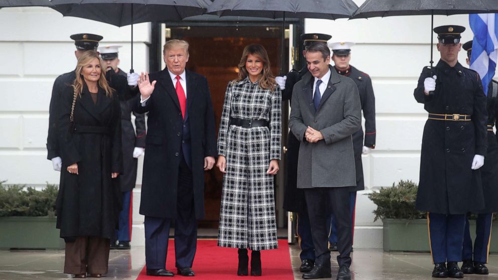 PHOTO: President Donald Trump and first lady Melania Trump welcome Greek Prime Minister Kyriakos Mitsotakis and Mareva Grabowski-Mitsotakis as they arrive at the White House, Jan. 7, 2020.