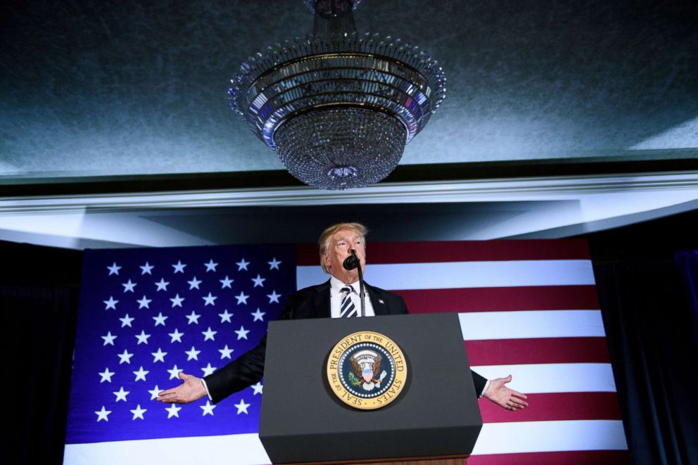 PHOTO: President Donald Trump speaks during a fundraiser at the Carmel Country Club, Aug. 31, 2018 in Charlotte, N.C.