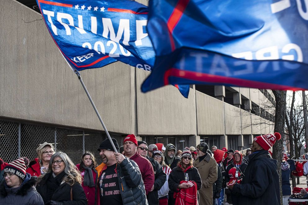 PHOTO: Supporters wait in line before a campaign rally for President Donald Trump at the Huntington Center on Jan. 9, 2020 in Toledo, Ohio.