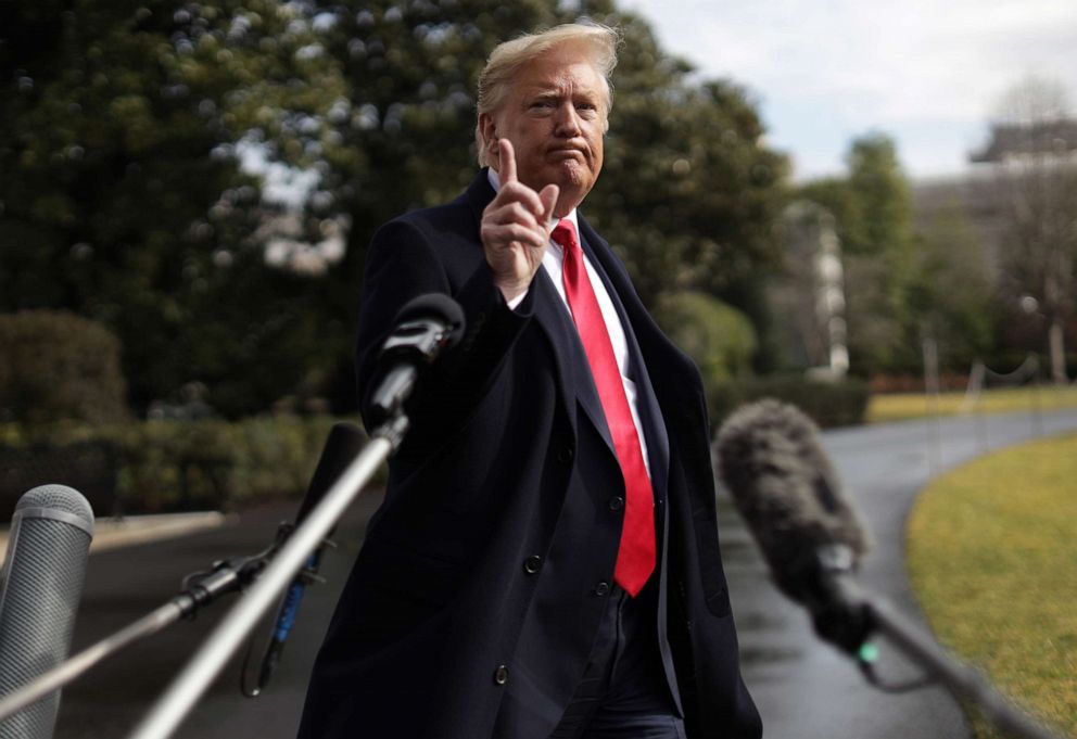 PHOTO: President Donald Trump speaks to members of the media prior to his Marine One departure from the White House in Washington, Feb. 7, 2020.