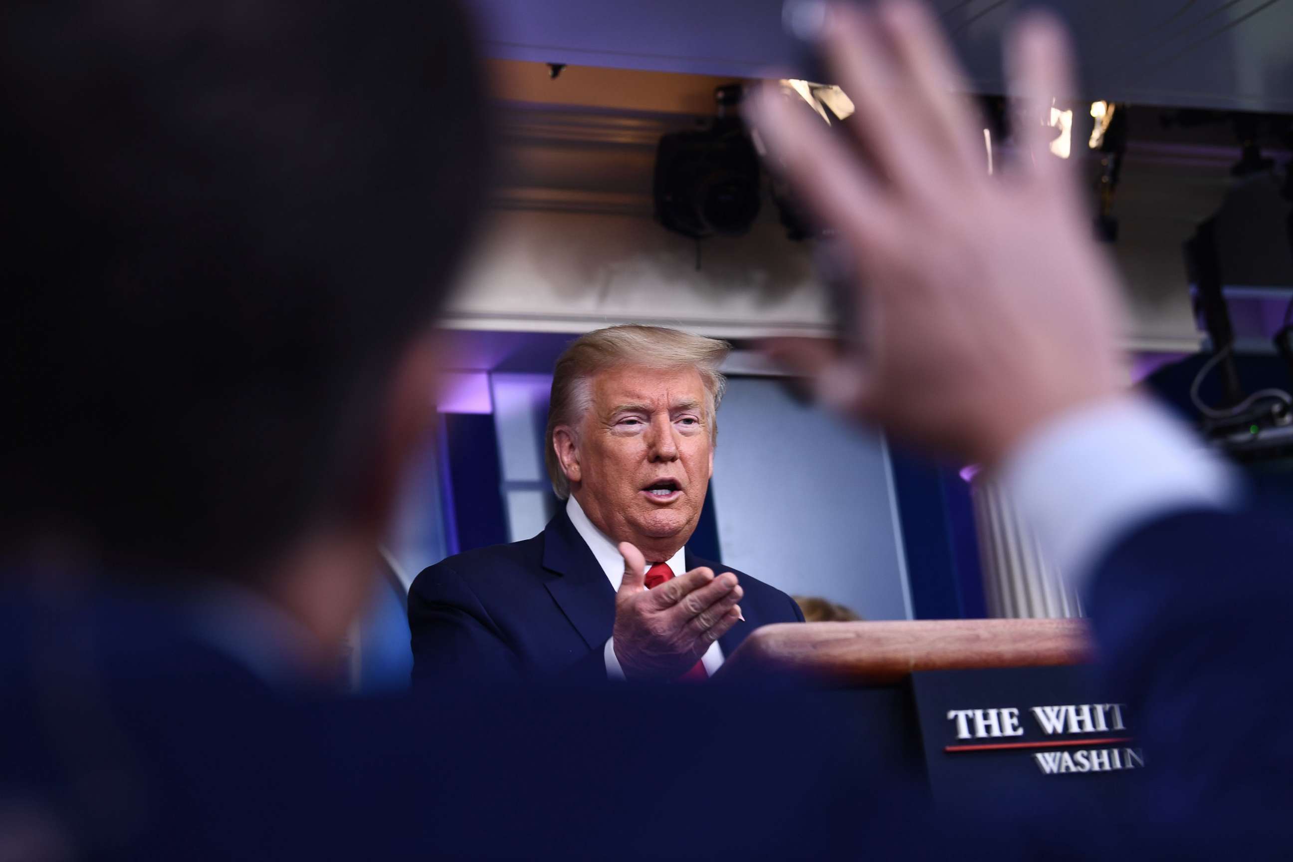 PHOTO: President Donald Trump speaks during the daily briefing on the novel coronavirus, COVID-19, at the White House, March 18, 2020, in Washington.