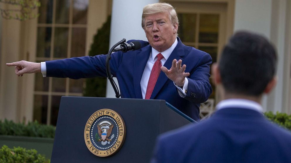 PHOTO: President Donald Trump takes questions from reporters in the Rose Garden for the daily coronavirus briefing at the White House, March 29, 2020 in Washington.