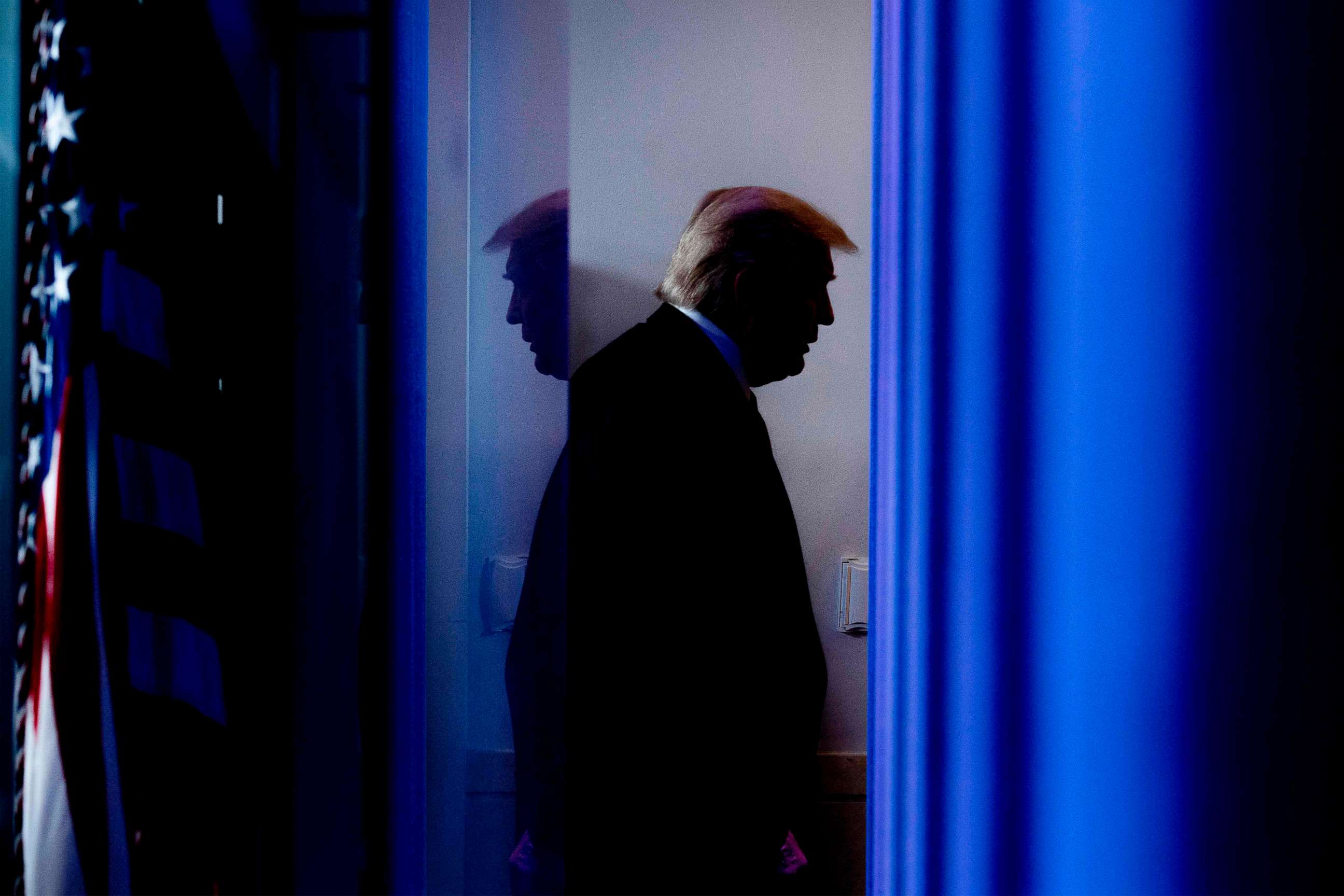 PHOTO: President Donald Trump departs after speaking during the daily briefing on the novel coronavirus, which causes COVID-19, in the Brady Briefing Room of the White House, April 17, 2020, in Washington.