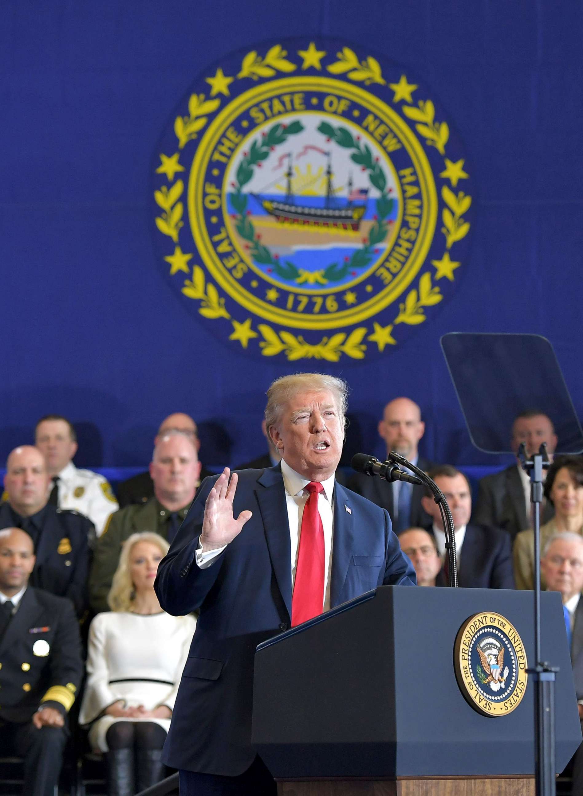 PHOTO: President Donald Trump speaks about combating the opioid crisis during a visit to Manchester Community College in Manchester, N.H., March 19, 2018.