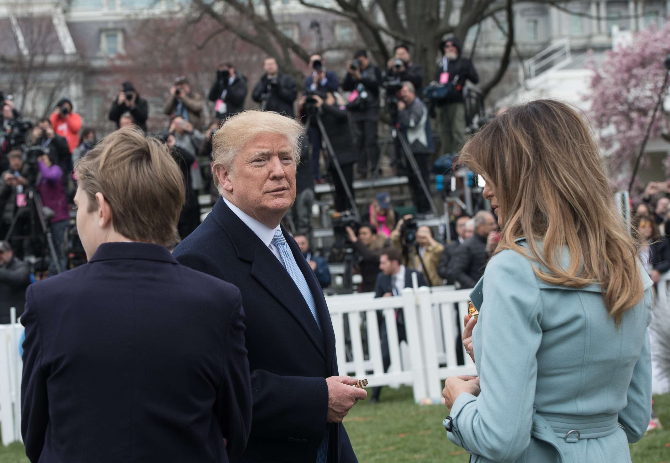PHOTO: President Donald Trump, First Lady Melania Trump and their son Barron attend the annual Easter Egg Roll at the White House, April 2, 2018. 