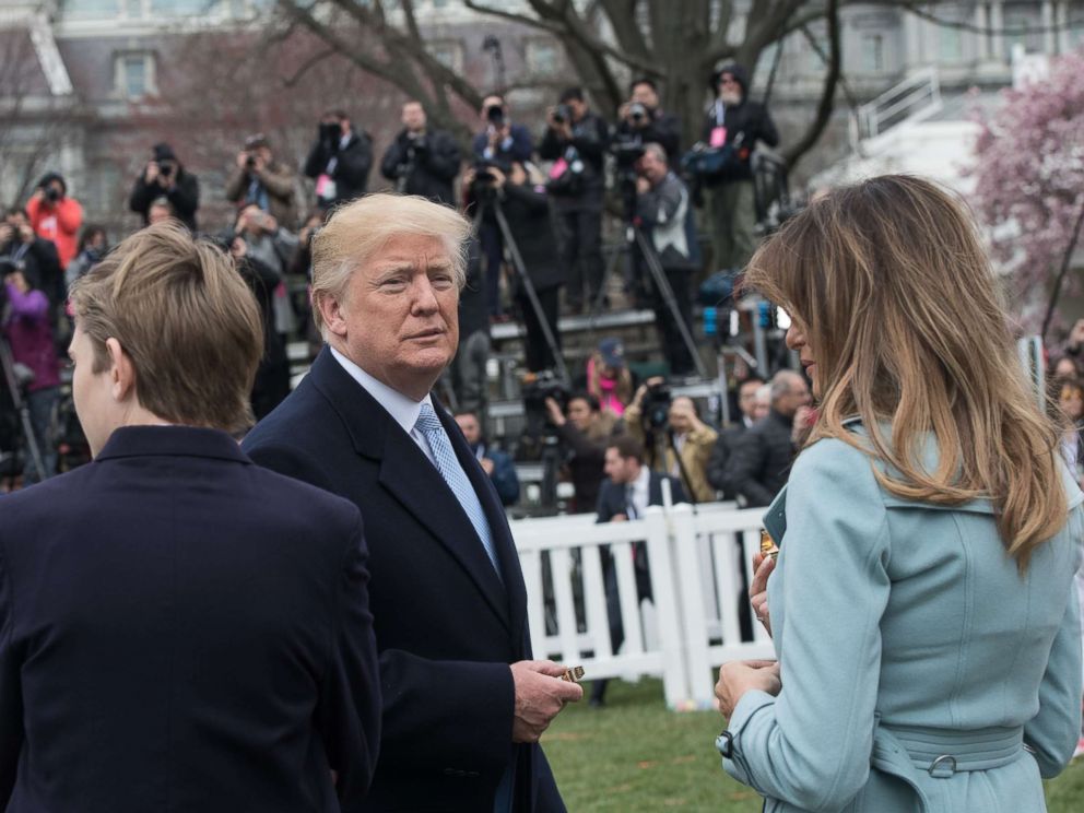 PHOTO: President Donald Trump, First Lady Melania Trump and their son Barron attend the annual Easter Egg Roll at the White House, April 2, 2018.