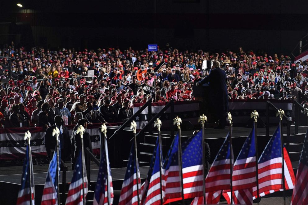 PHOTO: President Donald Trump speaks during a rally at Toledo Express Airport in Swanton, Ohio, Sept. 21, 2020. 