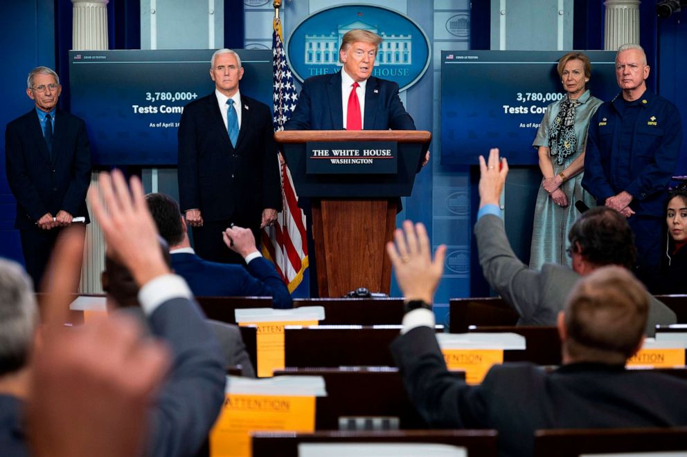 PHOTO: Director of the National Institute of Allergy and Infectious Diseases Anthony Fauci, Vice President Mike Pence, President Donald Trump in the Brady Briefing Room of the White House, April 17, 2020.